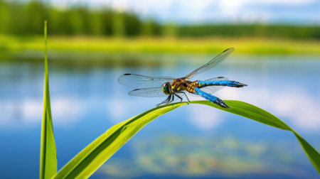 A stunning image of a dragonfly perched on a green leaf beside a serene water body, showcasing vibrant colors and intricate details of nature's beauty.の素材
