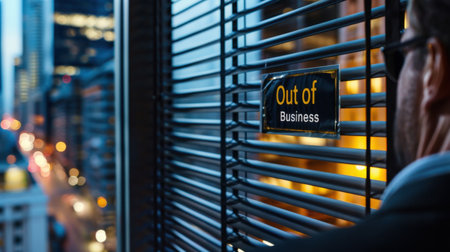 A poignant image of a "Out of Business" sign displayed on a window, framed by a blurry urban landscape. The photo captures the mood of economic uncertainty and the challenges faced by small businesses.の素材