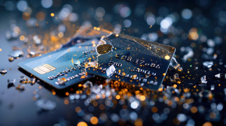 This captivating image showcases shattered credit card pieces on a dark surface, accompanied by sparkling debris and light reflections, illustrating financial loss.の素材
