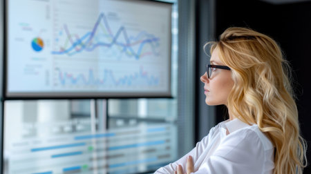 A focused businesswoman examines data trends on a digital screen, surrounded by a sleek office environment, highlighting modern analytical processes.の素材