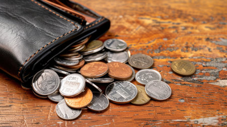 This image features an open black leather wallet with coins scattered on a rustic wooden table. The scene captures the essence of finance, saving, and everyday expenses.の素材