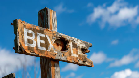 A close-up view of a weathered wooden sign with the word "BEXEL" partially visible against a vibrant blue sky adorned with fluffy clouds. The texture of the wood adds rustic charm to the outdoor scene.の素材