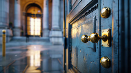 A captivating close-up of a beautifully crafted door handle against an ornate architectural entrance, capturing the essence of history and elegance.の素材