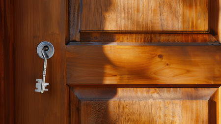 This image showcases a rustic wooden door featuring a key inserted in the lock, with its shadow beautifully cast on the surface, highlighting warmth and texture.の素材