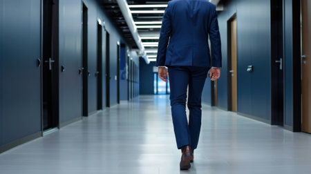 A businessman in a tailored suit walks confidently through a sleek modern office hallway, showcasing stylish design and a professional atmosphere.の素材