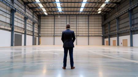 A professional man stands alone in a spacious empty warehouse, contemplating future business opportunities and strategic planning in an expansive setting.の素材