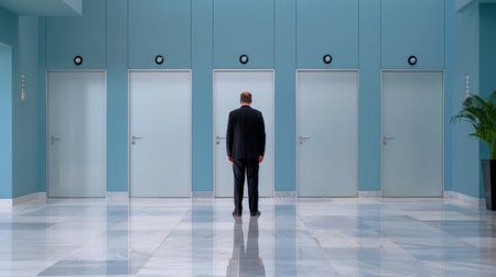 A businessman stands alone in a modern office hallway, contemplating choices with several closed doors. The minimalist decor highlights decision-making and potential pathways.の素材