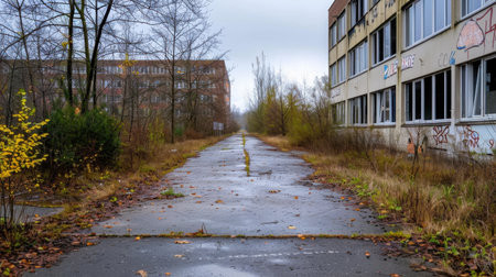 A quiet and desolate urban scene featuring an abandoned pathway lined with overgrown vegetation and decaying buildings under a cloudy sky.の素材