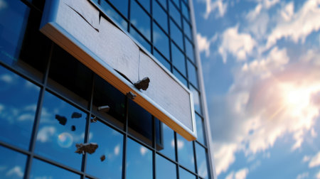 A close-up view of a broken window on a high-rise building captures the essence of urban architecture. Shattered glass reflects vibrant blue sky and light.の素材
