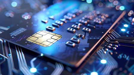 This image showcases a close-up view of a microchip on a circuit board, featuring vibrant blue light effects that highlight technology and innovation.の素材