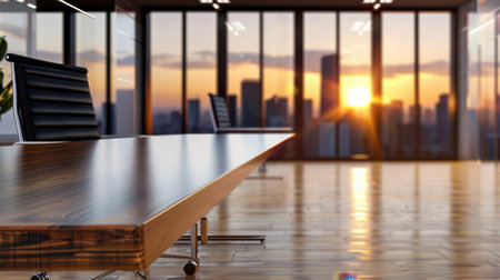 A sleek office meeting room features large windows that showcase a stunning sunset over the city skyline, offering a serene and inspiring backdrop for business discussions.の素材