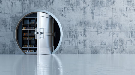 A modern vault door stands open against a textured concrete wall, showcasing an industrial design that embodies security and protection for valuable assets.の素材