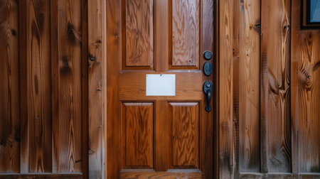 This image features a beautifully crafted rustic wooden door with a natural finish, complemented by a modern door handle. The door is set against a warm wooden wall, creating a cozy cabin atmosphere perfect for residential or decorative purposes.の素材