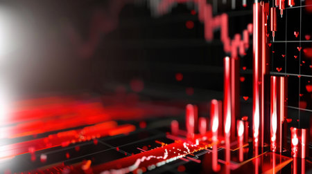Explore an intricate visualization of stock market dynamics, featuring striking red candlesticks amidst fluctuating graph elements, conveying volatility and market behavior.の素材