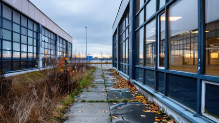 An atmospheric urban scene featuring a solitary pathway between glass-fronted commercial buildings, surrounded by autumn leaves under a moody sky.の素材