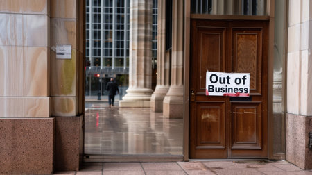 A storefront door displays an "Out of Business" sign in an empty urban environment. The reflection on the floor adds depth to the scene, highlighting economic challenges.の素材