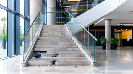 A striking image of a damaged staircase in a modern office building, showcasing broken steps alongside sleek glass railings and lush greenery.の素材