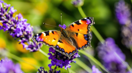 A stunning butterfly rests on blooming lavender flowers, showcasing vibrant colors against a lush garden backdrop, perfect for nature enthusiasts.の素材