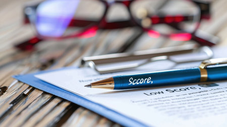 A close-up view featuring a blue pen resting on a document that displays a score report, accompanied by stylish glasses on a rustic wooden surface.の素材