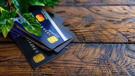 A set of credit cards arranged neatly on a rustic wooden table with lush green leaves nearby, symbolizing financial management and modern transactions.の素材