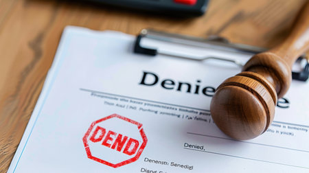 A close-up view of a denied legal document featuring a prominent gavel on a wooden surface, representing legal matters, disputes, and formal notifications.の素材