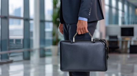 A professional man stands confidently in a modern office setting, holding a sleek briefcase, showcasing a blend of business elegance and ambition.の素材
