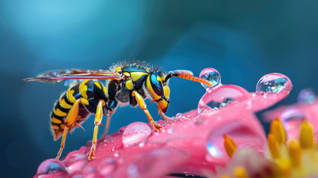 A stunning close-up of a vividly colored bee perched on a flower petal adorned with water droplets, showcasing the beauty of nature in detail.の素材