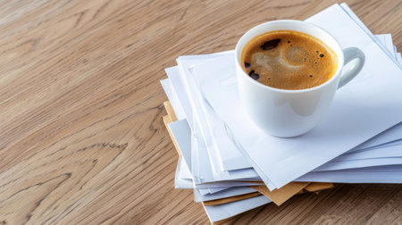 A minimalistic scene featuring a white coffee cup on a stack of blank papers, set against a warm wooden table, perfect for office and lifestyle themes.の素材