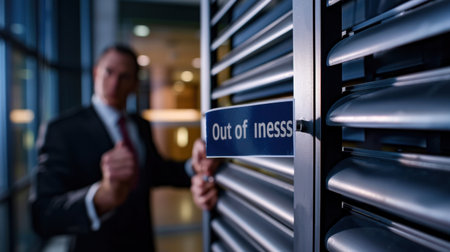 A businessman stands by a door displaying an out of service sign in a contemporary office setting, highlighting themes of interruption and professionalism.の素材