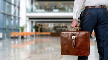 A focused professional man stands in a modern office environment, holding a leather briefcase, exuding confidence and readiness for business opportunities.の素材