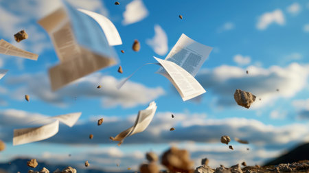 A captivating scene depicting torn pages being swept away by the wind against a picturesque sky, illustrating themes of chaos and emotional disruption in nature.の素材