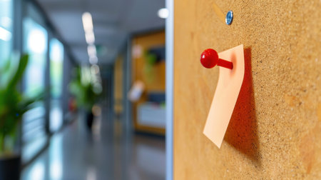 A detailed close-up of a red push pin securing a yellow note on a cork board, set against a blurred contemporary office corridor, emphasizing organization.の素材