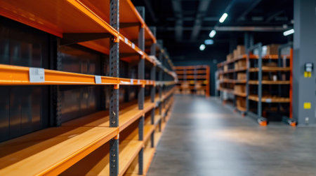 A detailed view of empty warehouse shelves showcasing a modern storage design. The organized space highlights the lack of inventory, emphasizing efficient logistics.の素材