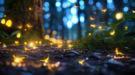 A mesmerizing scene of a forest path illuminated by glowing fireflies and soft light particles, capturing the enchanting beauty of nature in twilight hours.の素材