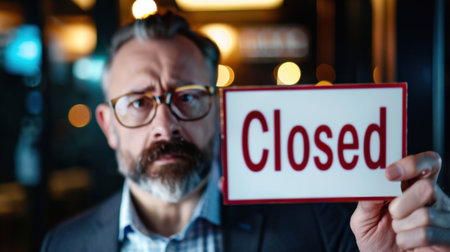 An adult male business owner stands in an empty restaurant holding a sign that reads "Closed," reflecting the emotional weight of economic uncertainty and challenges faced by small businesses.の素材