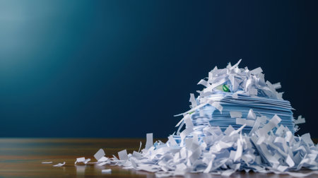 A striking image of a heap of shredded paper forming a dome around a globe, symbolizing waste management and environmental awareness in office settings.の素材