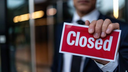 A businessman stands outside a storefront, prominently displaying a red "Closed" sign. This image captures the essence of temporary business closure and its implications.の素材