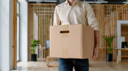 A person holds a cardboard box in a contemporary office environment with wooden accents and indoor plants, symbolizing moving, organization, and professionalism.の素材