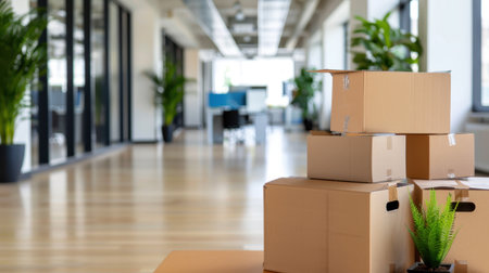 A serene office environment featuring stacked cardboard boxes in a modern workspace. Lush green plants enhance the calming atmosphere, ideal for relocations.の素材