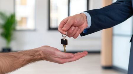 A businessman hands over a car key to a customer inside a modern office, symbolizing a successful transaction and professional service experience.の素材