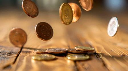A stunning close-up image of coins falling onto a wooden surface, illustrating concepts of wealth and finance, perfect for business and economic themes.の素材