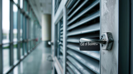 This image captures a closed door with an "Out of Business" sign, highlighting themes of closure, economic downturn, and challenges faced by businesses today.の素材