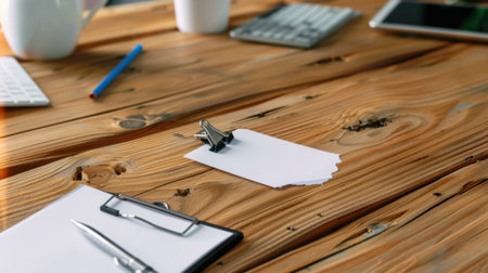 A serene work desk arrangement showcasing a clipboard with blank paper, a pen, calculator, and coffee cup, emphasizing productivity and creativity.の素材