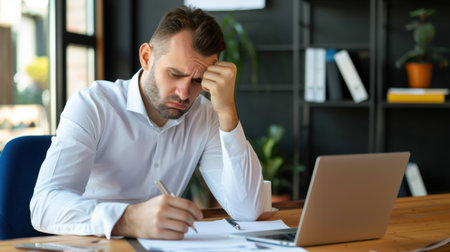 A young businessman appears stressed while working at his modern office desk. He is focused on writing notes and engaging with his laptop, illustrating workplace challenges.の素材