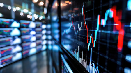 A high-resolution image showcasing a trading chart with dynamic market data displayed on a screen, symbolizing financial analysis and investment strategies in an office.の素材