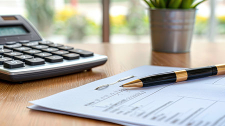 A serene office workspace featuring a calculator, elegant pen, and blank papers alongside a small plant, perfect for business or finance themes.の素材