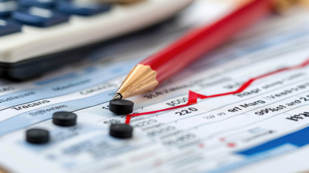 A detailed close-up image featuring a red pencil laying on a financial chart, calculator nearby, showcasing graphs of economic growth and investment trends.の素材
