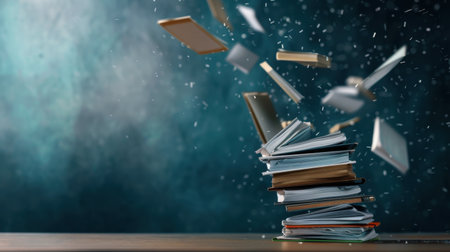 A captivating image of flying books creates a sense of motion and wonder, symbolizing the power of knowledge and imagination in an educational space.の素材