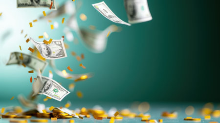 A dynamic scene featuring floating dollar bills accompanied by golden confetti against a soft green background, evoking themes of wealth and celebration.の素材