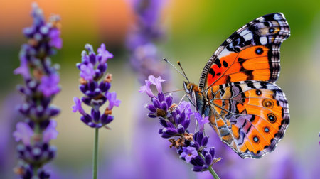 A stunning orange butterfly perched on vibrant purple lavender flowers captures the essence of nature's beauty. This close-up shot showcases the intricate details of the butterfly's wings and the delicate blooms, creating a serene garden atmosphere.の素材